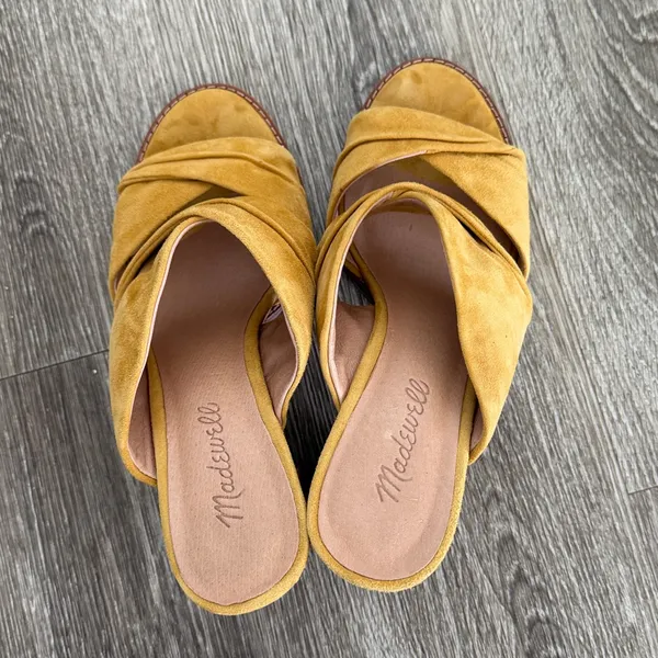 Madewell Sari leather suede crisscross block heel sandals mustard yellow 7.5 - Image 6