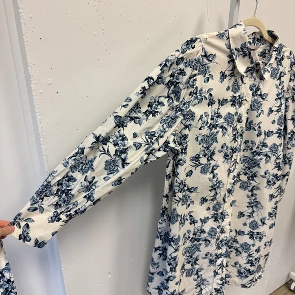 H&M Floral Cotton Shirt Tunic Dress XL Button Down Long Sleeve Belted Blue White - Image 3