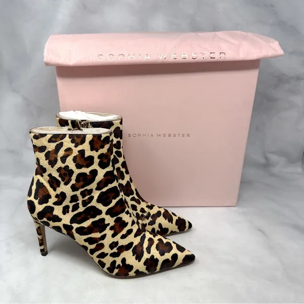 NEW Sophia Webster Rizzo Leopard Calf Hair Pointed Toe Mid Height Ankle Boots 37 - Image 2