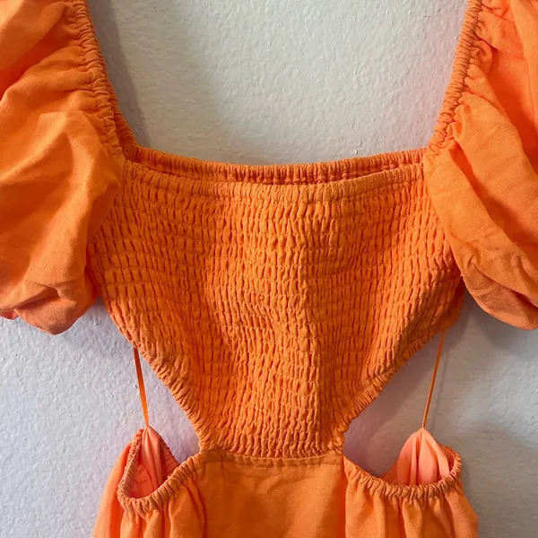 We Are Sundays Womens S Orange Puff Sleeve Smocked Dress Summer Spring - Image 2