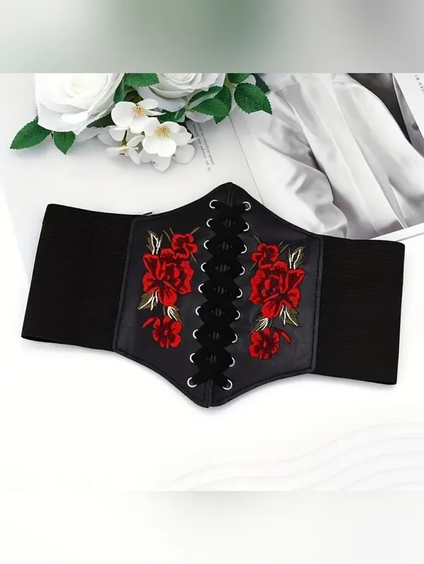 Black Floral‎ Embroidered Waist Elastic Corset Belt One Size - Image 10
