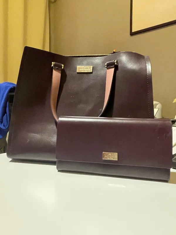 Kate Spade New York Two-Tone Burgundy and Pink Leather Satchel and Wallet Set - Image 8