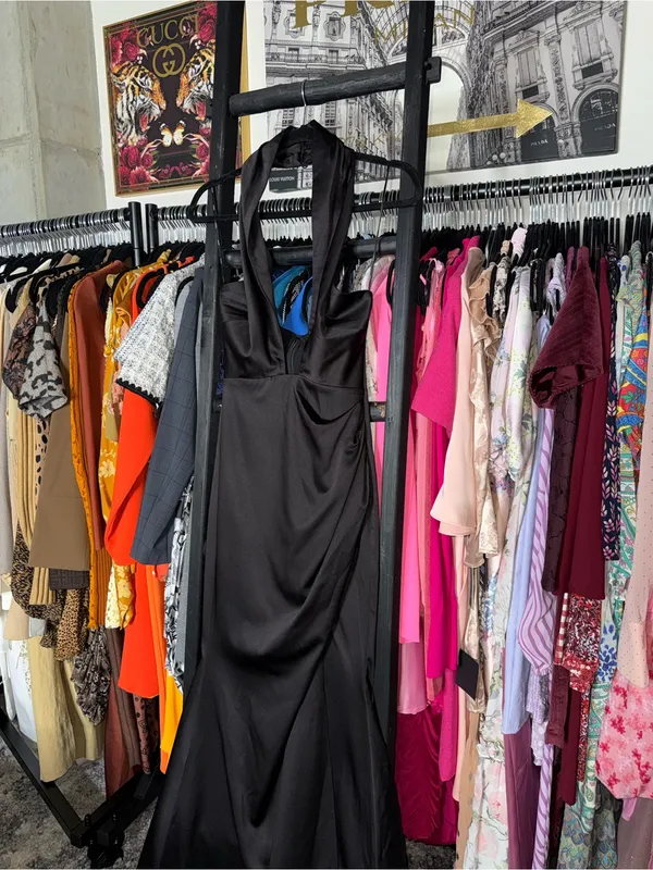 ELLIATT Brynn Black Satin Halter Cutout Maxi Gown Womens XS EUC - Image 6