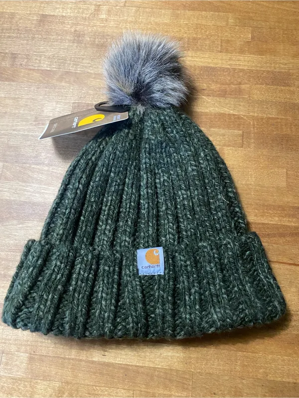 Carhartt Dark Green Knit Beanie with Faux Fur Pom - Image 2