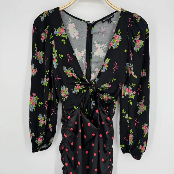 For Love‎ & Lemons Wilson Print Dress Small Black Floral Polka Dot Ruched Mini - Image 4