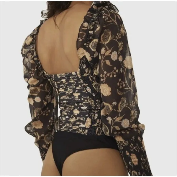 Free People Size S Brunch Date Smocked Floral Bodysuit Puff Sleeve Bohemian - Image 2