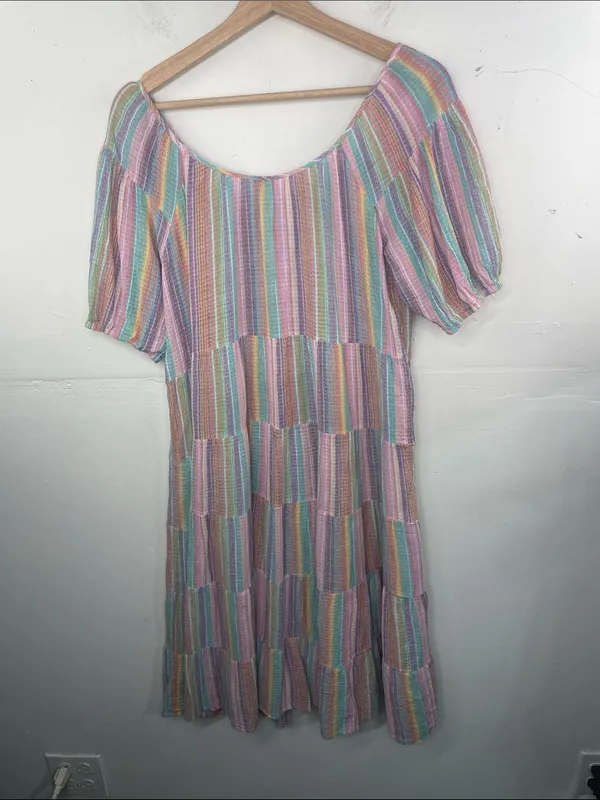 J. Crew Original Beach Wear Pastel Multicolor Striped Tiered below knee Dress - Image 8