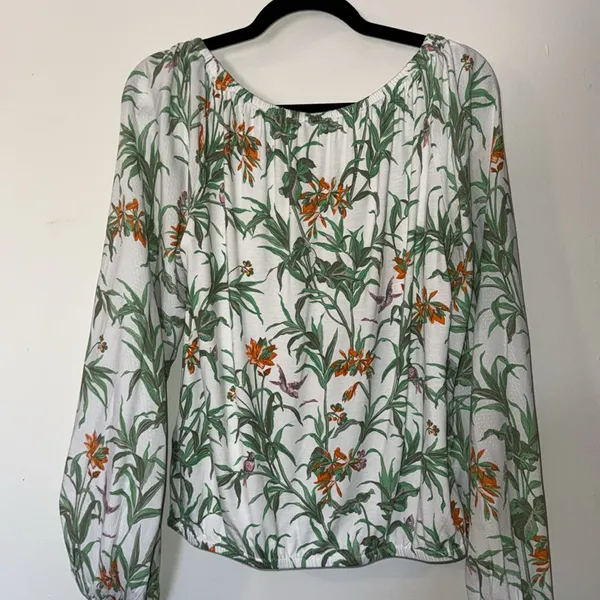 Anthropologie White Floral Long Sleeve Blouse with Pink Birds Size Medium‎ - Image 6