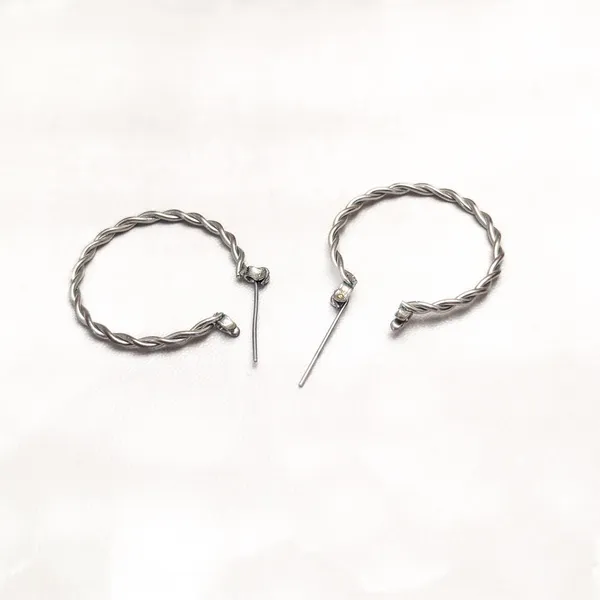 Vintage Stud Earrings Silver Tone Hoops Twisted Hoop Design Large 1 & 1/8" - Image 3