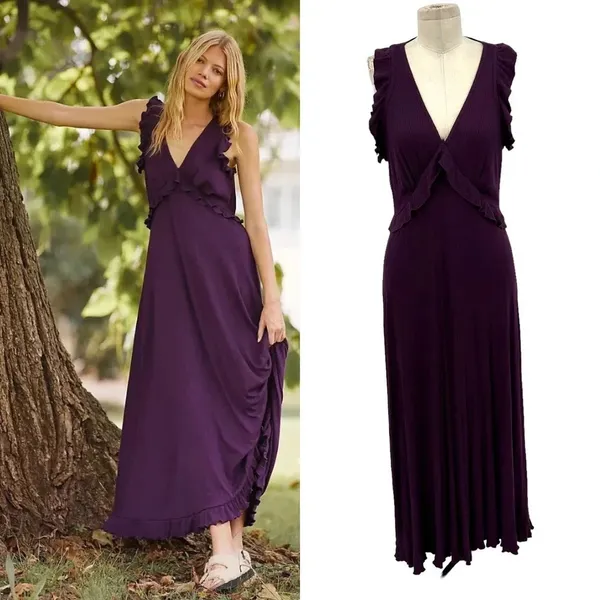 Anthropologie Maxi Dress‎ Deep-V Ruffled Sleeveless Viscose Purple Size Medium - Image 2
