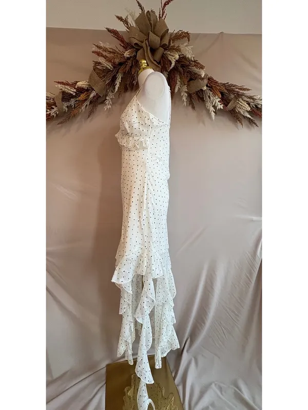 White Polka Dot Ruffle Maxi Dress with Spaghetti Straps Size M - Image 3