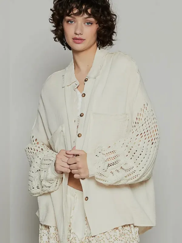 POL Openwork Crochet Lantern Sleeve Cotton Gauze Oversized Button Shirt Jacket - Image 13