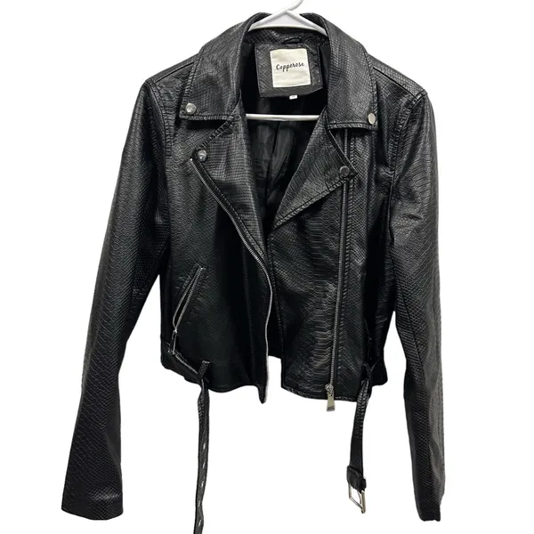 Copperose Crocodile Embossed Black Faux Leather Moto Zip Up Jacket Womens Medium - Image 6