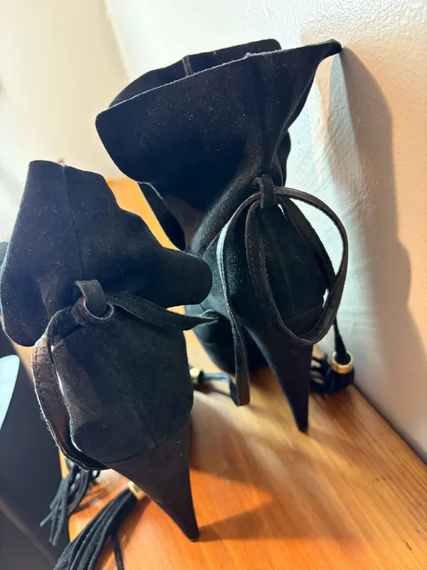 Colin Stuart Black Suede Platform Ankle Boots Tassel Tie Stiletto Booties Womens - Image 3