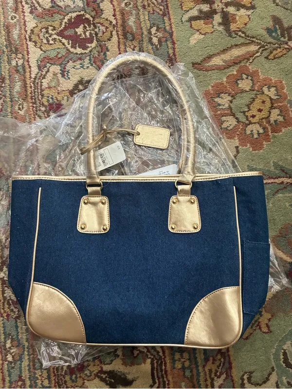 Neiman Marcus Denim Medium Tote Hand Bag Blue and Gold Women’s NWT - Image 4
