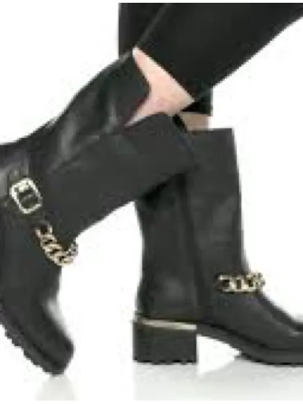 Vince Camuto women Black Leather biker moto Mid-Calf with Gold Chain boots US 8 - Image 9