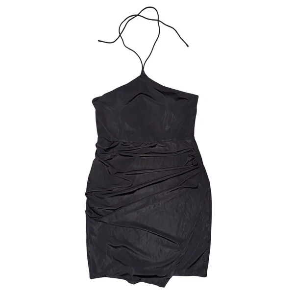 Klassy Network Black Halter Tie Brami Ruched Mini Dress Bodycon Asymmetric LBD - Image 2