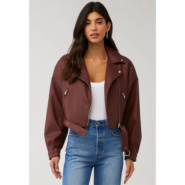 Lamarque Women's Mahogany Brown Dani Moto Jacket Large Cropped Belted Fall - Image 14