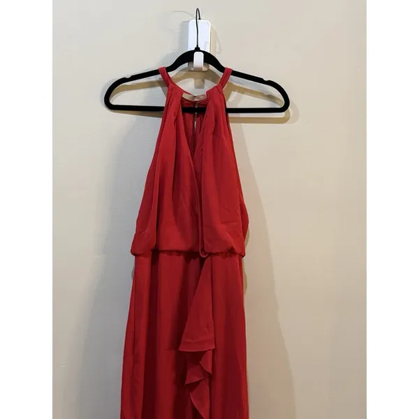 NEW XSCAPE Red RUFFLE‎ CHIFFON Gold Metal NECKLINE Halter EVENING Dress GOWN 4 - Image 5