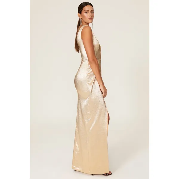 Black Halo Gold Hendricks Sleeveless V-Neck Metallic Cocktail Evening Gown 8 - Image 2