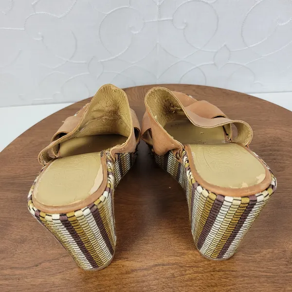 Nine West Womens Jaimy Sandals 7 Tan Leather Open Toe Cork Platform Wedge Heels - Image 6