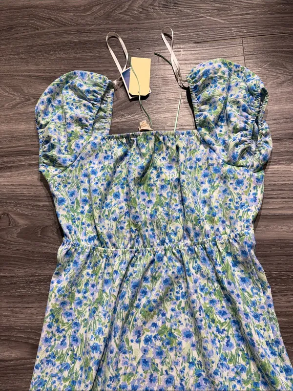 Monteau Blue & Green Floral Midi Dress with Puff Sleeves - Image 12