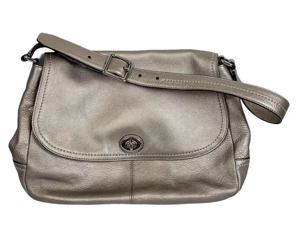 Coach Park Leather Flap Shoulder Bag Metallic Silver - Image 3
