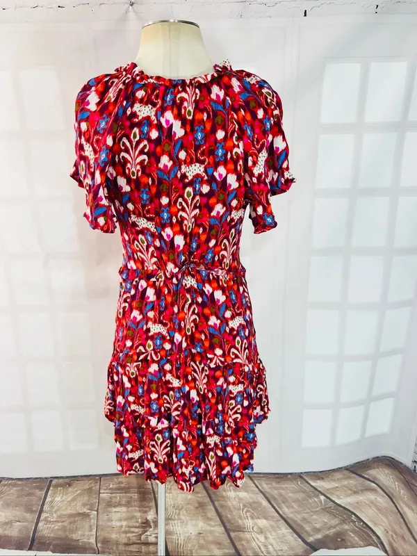 Anthropologie Red Pink Robin Floral Ruffle‎ Tiered V-Neck Mini Dress Size XS - Image 7
