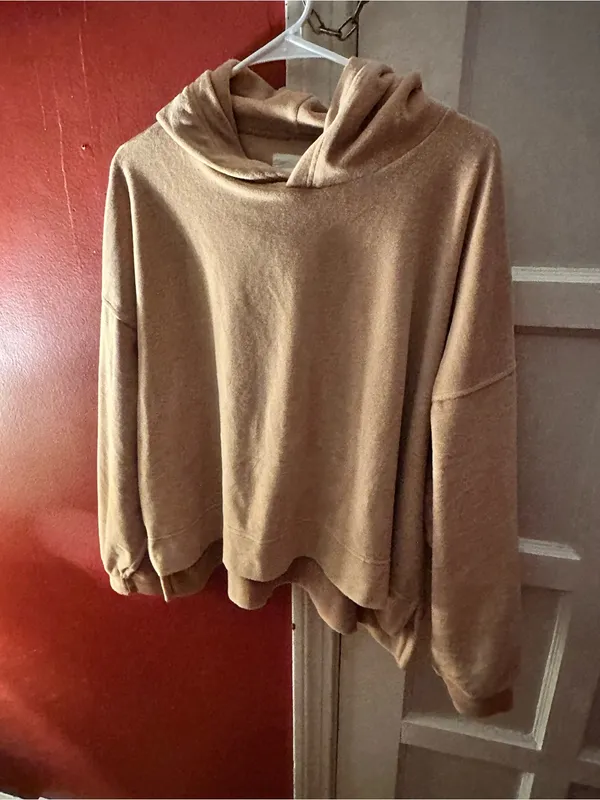 Aerie Velour Soft Oversized Pullover Hoodie Tan Lounge Sweatshirt Cozychic Large - Image 3
