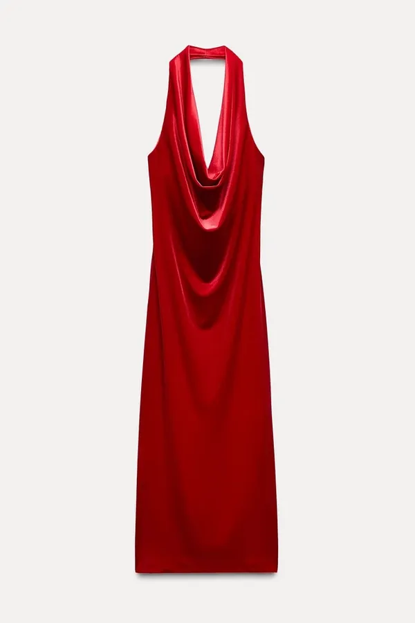 Zara dress maxi festive velour red halter party wedding Christmas - Image 8