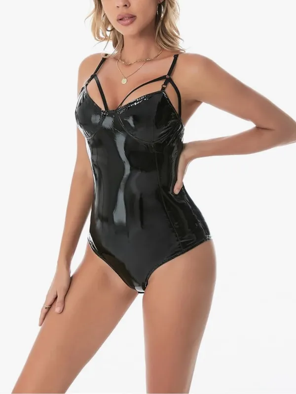 One Piece Halter Sexy Wet Look Leather Leotard Bodysuit in Black Tuzi Sz. Small - Image 4