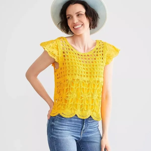 Miss‎ Me Yellow Floral Crochet Overlay Top Large - Image 5