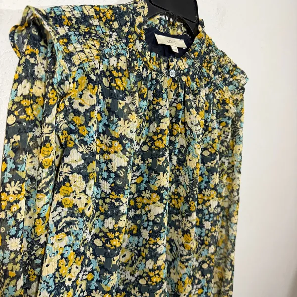Loft Blue Yellow Floral Smocked High Neck Ruffled Long Sleeve Blouse Womens XS - Image 2