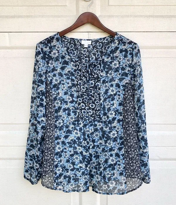 J Jill Women’s Shirt Blue Floral Long Sleeve Mixed Print Large - Image 2