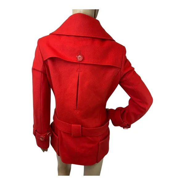 Red Wool Blend‎ Belted Peacoat Jacket with Wide Collar and Oversized Buttons S - Image 2