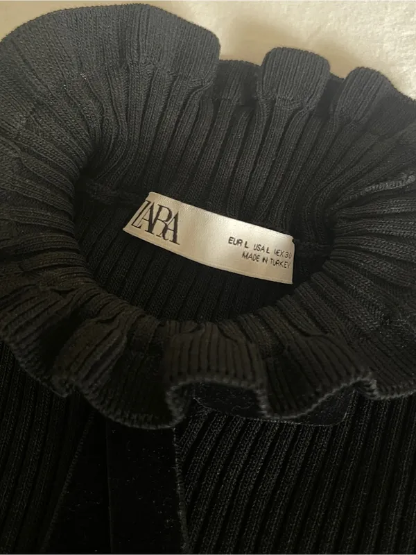 NWOT ZARA Black Ribbed Knit Ruffle Neck Sweater Velvet Bow Size L - Image 8