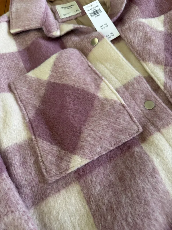 NWT Abercrombie & Fitch Lilac Cream Plaid Shacket wool blend coat size XSMALL - Image 4