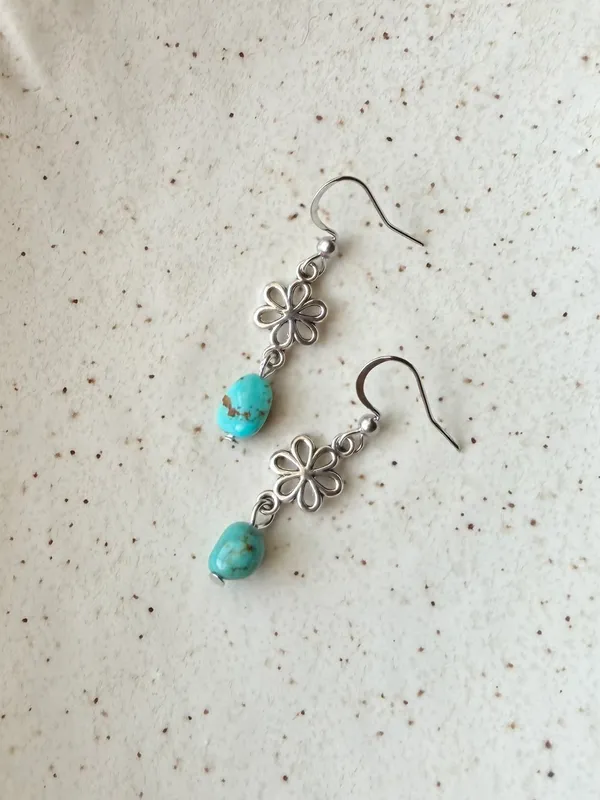 Handmade retro y2k fairy boho style flower turquoise dangle earrings🌀 - Image 4