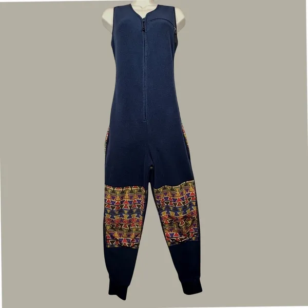 Patagonia Women's Fleece Jumpsuit Small Navy Geometric Cabincore Outdoor Lounge - Image 2