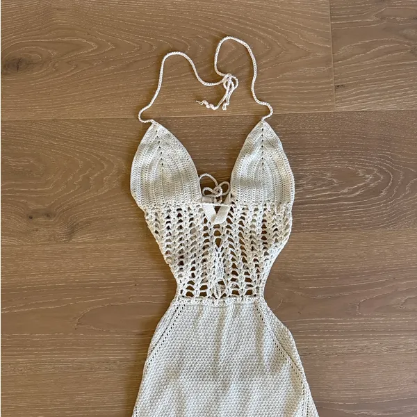 White Fox Midi Dress Crochet Halter Cut Outs Size S/M Beige - Image 2
