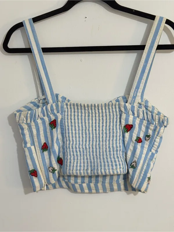 Maeve Blue-and-White Striped Cropped Tank with Strawberry Embroidery - Image 5