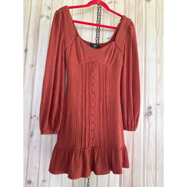 NWT Lulus Coveted Sweetness Rust Pointelle Knit Long Sleeve Mini Dress Party S - Image 2