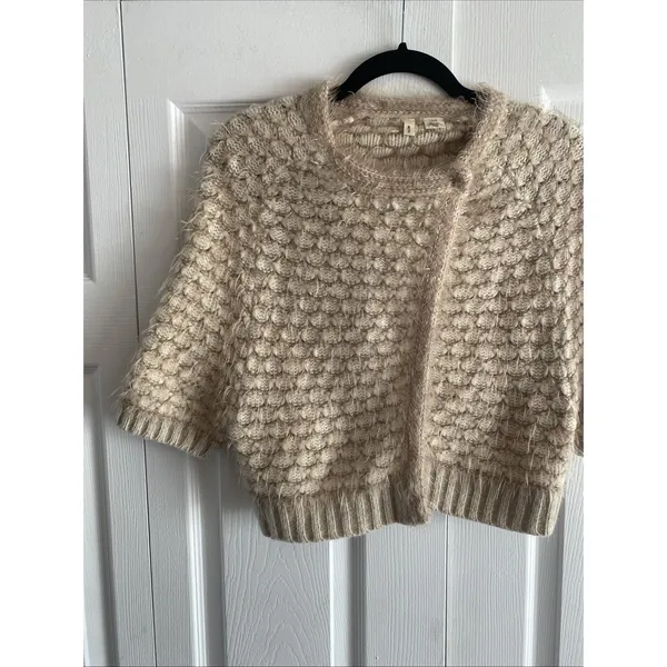 Moth Anthropologie Textured Bubble Knit Cardigan Womens‎ Size XS Tan Wool Angora - Image 2