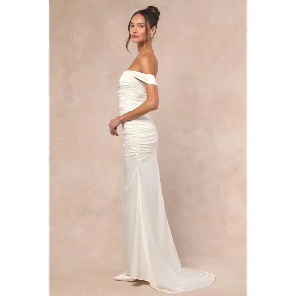 Lulus Torri White Satin Off-the-Shoulder Maxi Dress Size small Bridal classic - Image 3