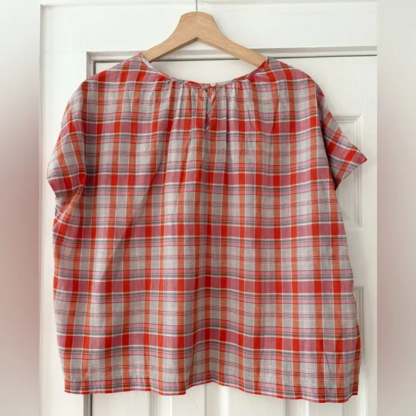 Madewell Orange White Plaid Shirred Cotton Blouse Size XS Oversized Boxy‎ EUC - Image 4