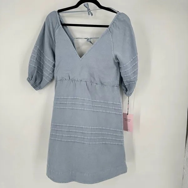 NWT Avec Les Filles‎ Women's Tie Back Puff Sleeve Babydoll Dress Blue Size Small - Image 3
