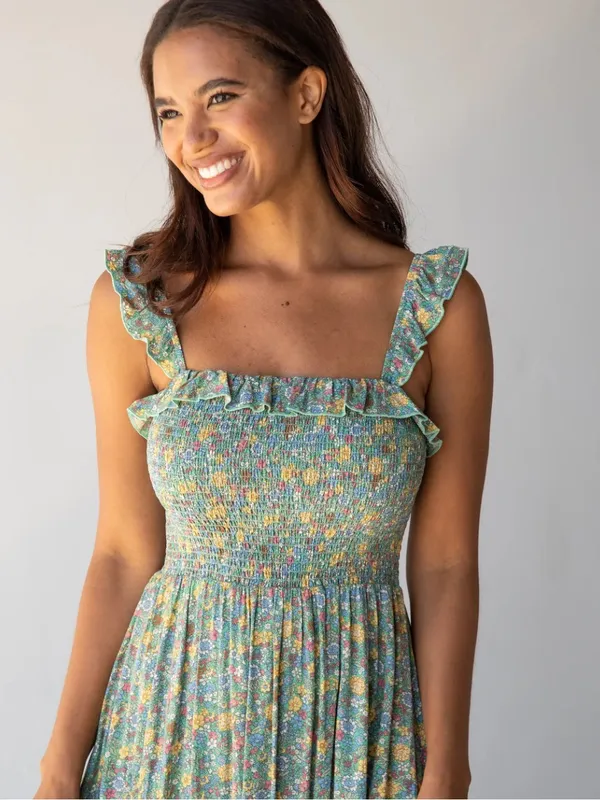 Natural Life Megan Floral Smocked Midi Dress with Ruffle Straps Size Small - Image 3