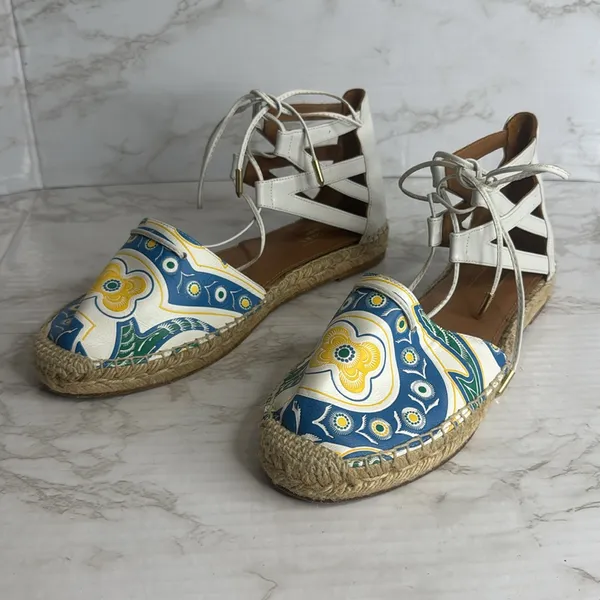 Aquazzura Belgravia Printed Leather Flats Espadrille‎ White Size 8.5 cute spring - Image 2