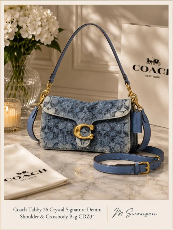 NEW Coach 26 Blue Denim Crystal Signature Tabby Shoulder & Crossbody Bag CDZ3 - Image 5