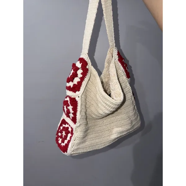 Crochet Granny Square Shoulder Tote Bag Red Beige Handmade Afghan Boho L‎ - Image 5